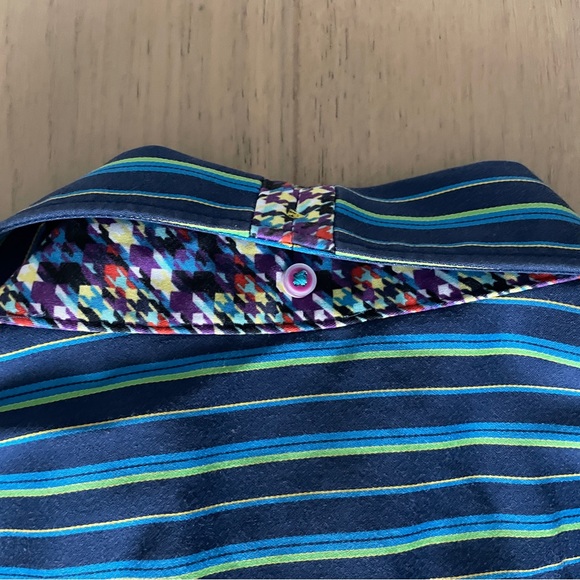 Robert Graham X Mens Shirt Large Blue Green Stripe Contrasting Cuffs Modern - Picture 8 of 8